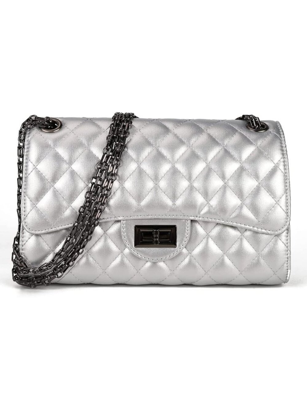 Women's Silver Quilted Crossbody Structured Purse Shoulder Bag Chain Strap